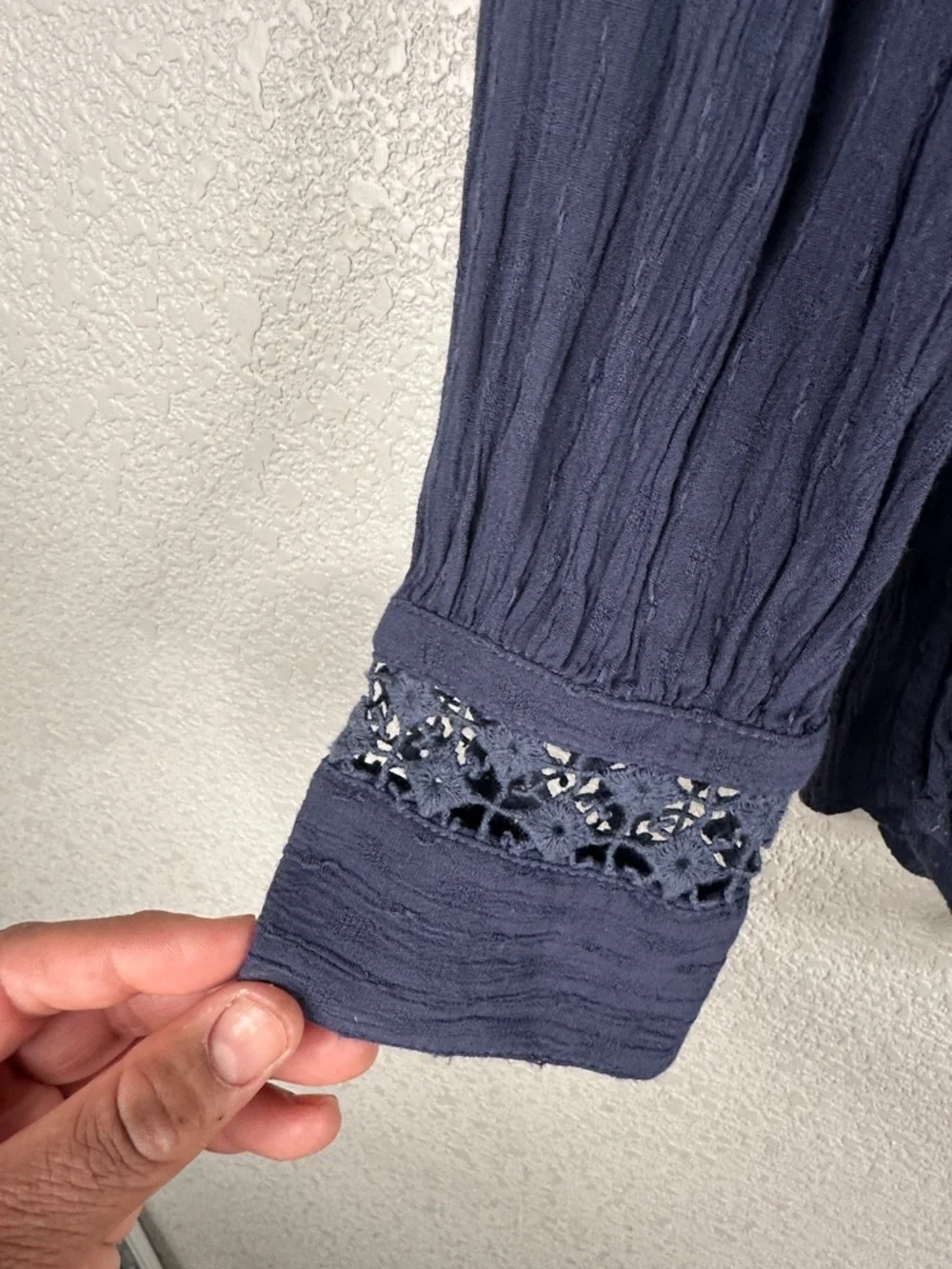 Free People The Best Blouse Lace Crochet Hi Lo Hem Long Sleeve Blue Top‎ Size L